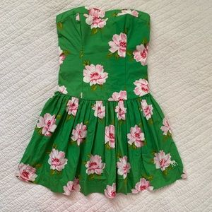 Strapless Green Pink Floral Dress Pockets